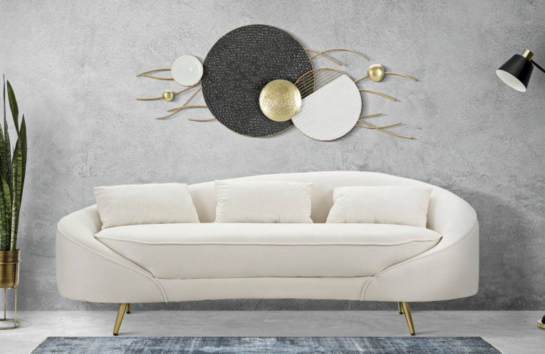 Divano fisso 3 posti Pace, Sofà dritto, Divanetto per salotto, Poltrona matrimoniale con contenitore, 185x84 h68 cm, Crema e Oro
