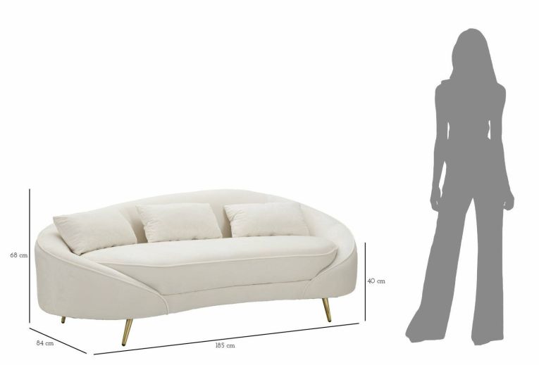 Divano fisso 3 posti Pace, Sofà dritto, Divanetto per salotto, Poltrona matrimoniale con contenitore, 185x84 h68 cm, Crema e Oro