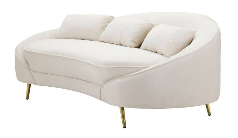 Divano fisso 3 posti Pace, Sofà dritto, Divanetto per salotto, Poltrona matrimoniale con contenitore, 185x84 h68 cm, Crema e Oro