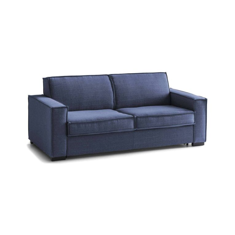 Divano fisso Alba, Divano a 3 posti, 100% Made in Italy, Sofà Soggiorno in tessuto, con Braccioli slim, Cm 200x95h90, Blu