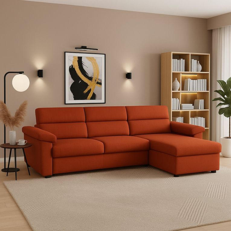 Divano Fisso con Penisola Arancione Sfoderabile Reversibile 285x160 cm, Idrorepellente Multiposizione Made in Italy - Ceto