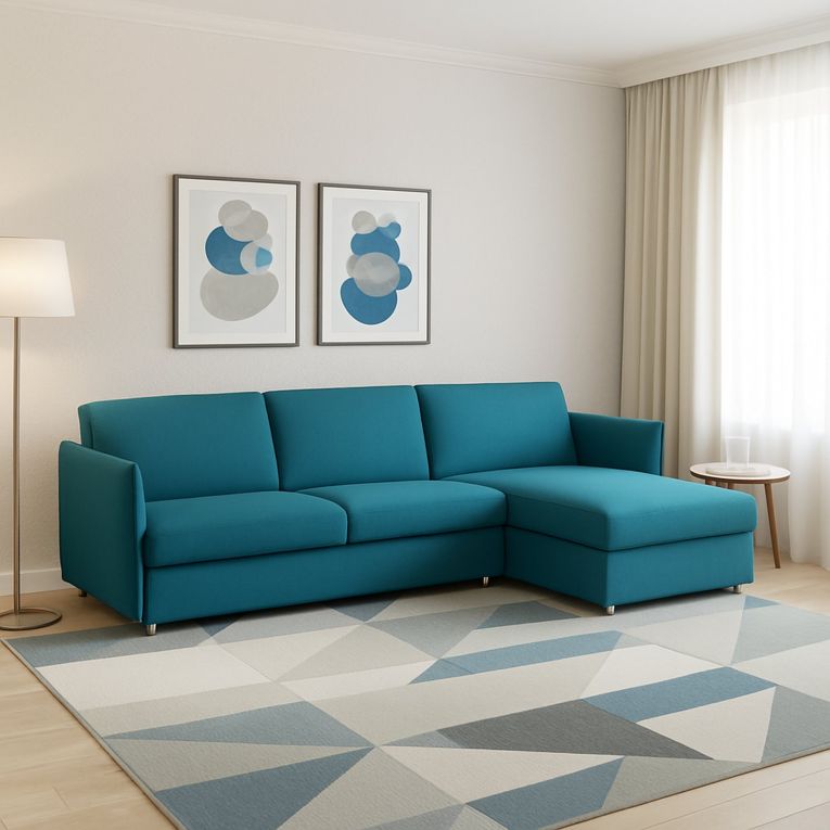 Divano Fisso con Penisola Azzurro Sfoderabile Reversibile 260x160 cm, Idrorepellente Multiposizione Made in Italy - Posina