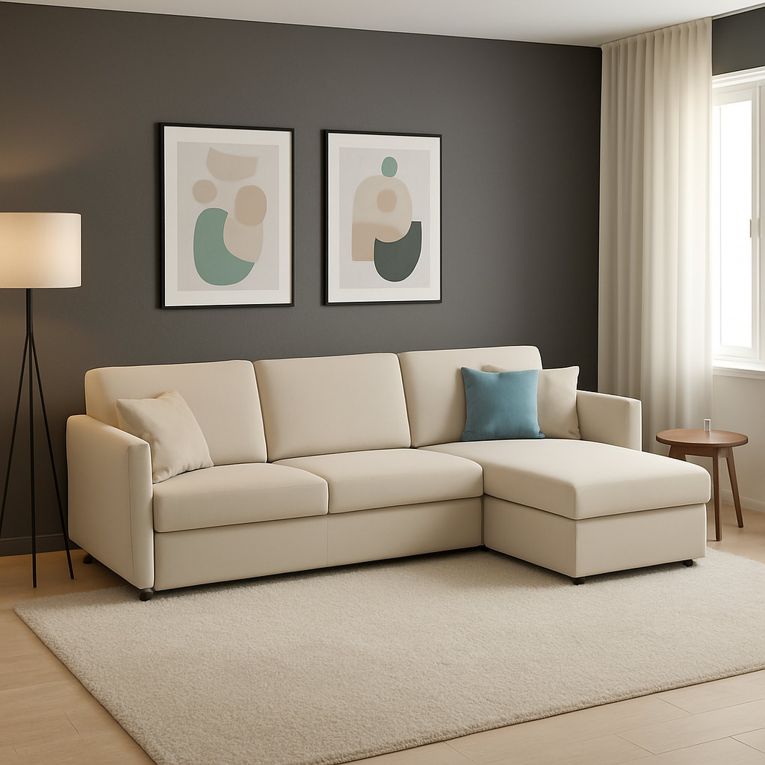 Divano Fisso con Penisola Beige Sfoderabile Reversibile 260x160 cm, Idrorepellente Multiposizione Made in Italy - Posina