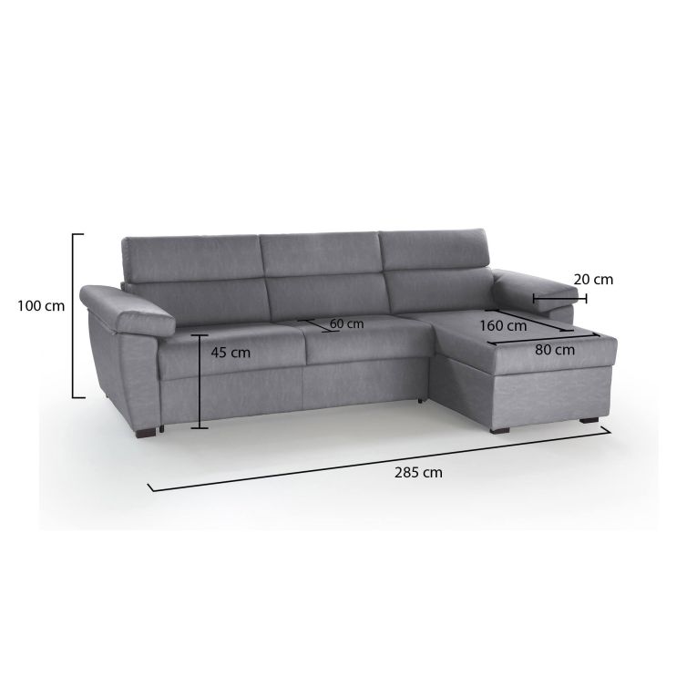 Divano fisso con penisola Ceto, 285x160 h100 cm, Grigio
