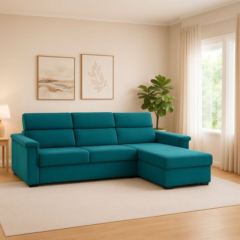 Divano fisso con penisola Cintano, 285x160 h100 cm, Azzurro