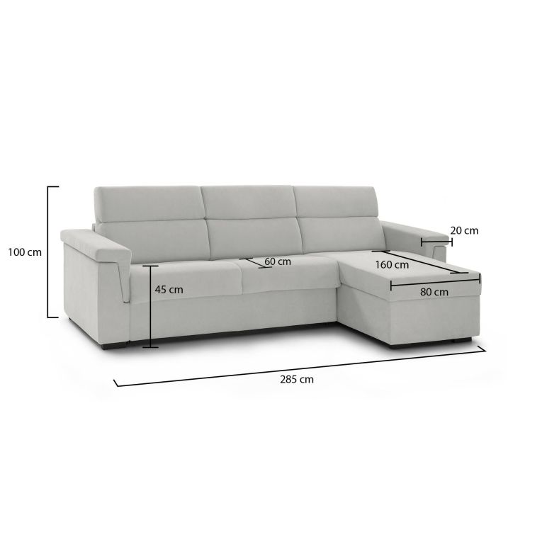 Divano fisso con penisola Cintano, 285x160 h100 cm, Grigio chiaro