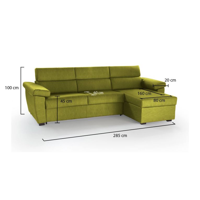 Divano Fisso con Penisola Verde Sfoderabile Reversibile 285x160 cm, Idrorepellente Multiposizione Made in Italy - Ceto