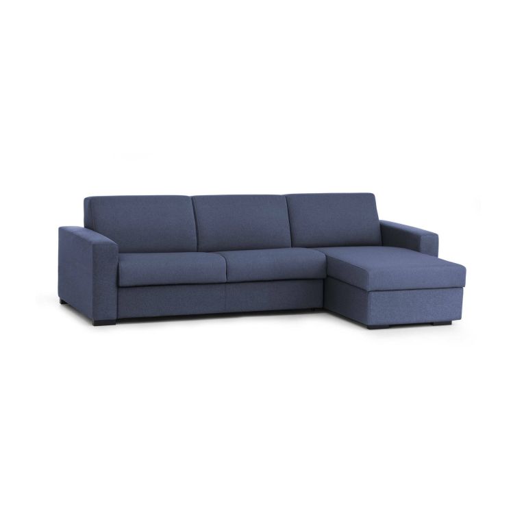 Divano fisso Debora, Divano ad angolo, 100% Made in Italy, Sofà Soggiorno, con Penisola contenitore reversibile, in tessuto imbottito, con Braccioli slim, Cm 260x95h90, Blu