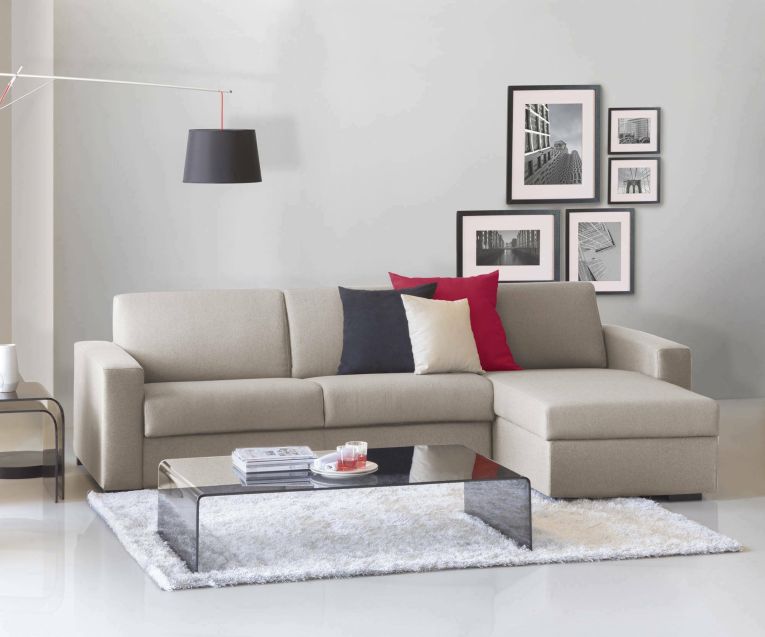 Divano fisso Debora, Divano ad angolo, 100% Made in Italy, Sofà Soggiorno, con Penisola contenitore reversibile, in tessuto imbottito, con Braccioli slim, Cm 260x95h90, Tortora