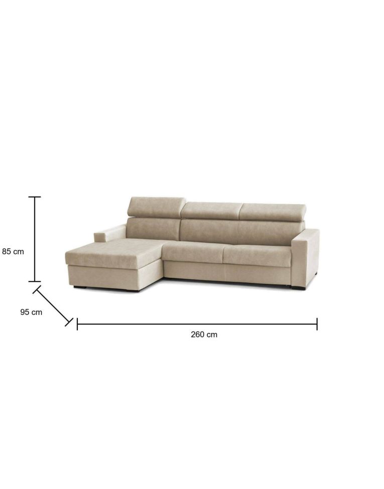 Divano fisso Eliana, Divano ad angolo, 100% Made in Italy, Sofà Soggiorno con chaise longue, in tessuto imbottito - Penisola contenitore Sinistra, con Braccioli slim, Cm 260x95h85, Beige