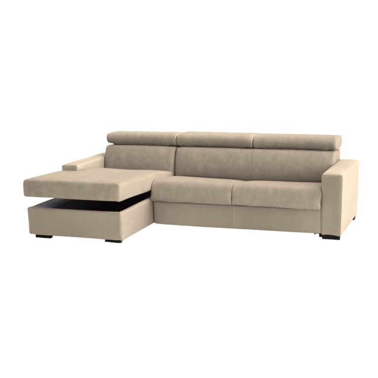 Divano fisso Eliana, Divano ad angolo, 100% Made in Italy, Sofà Soggiorno con chaise longue, in tessuto imbottito - Penisola contenitore Sinistra, con Braccioli slim, Cm 260x95h85, Beige