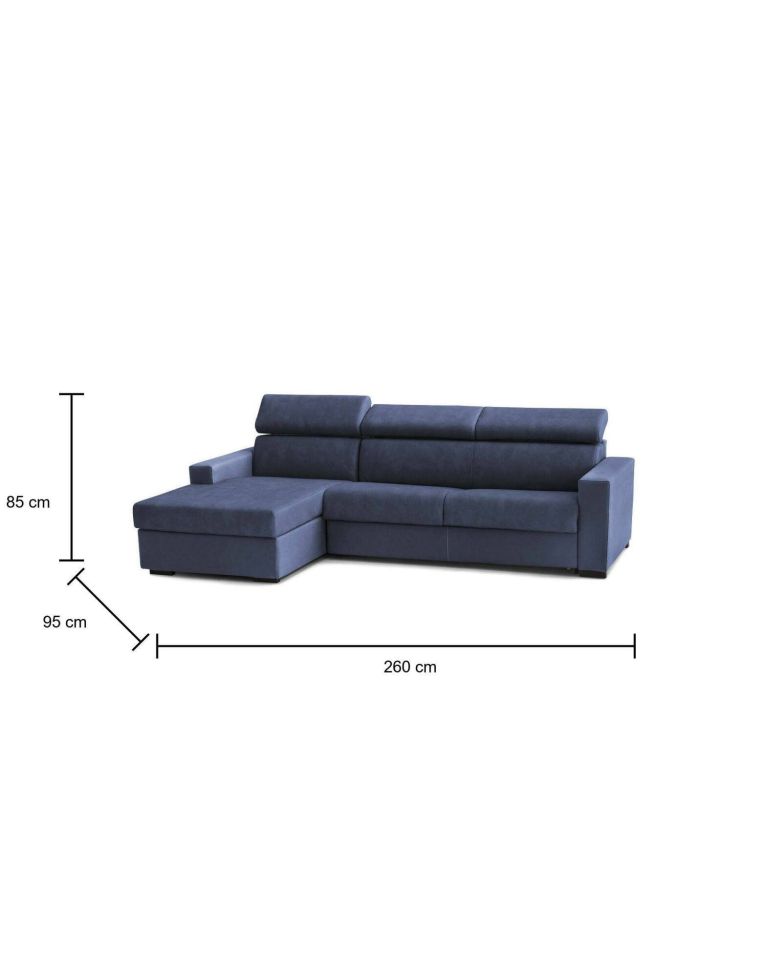 Divano fisso Eliana, Divano ad angolo, 100% Made in Italy, Sofà Soggiorno con chaise longue, in tessuto imbottito - Penisola contenitore Sinistra, con Braccioli slim, Cm 260x95h85, Blu