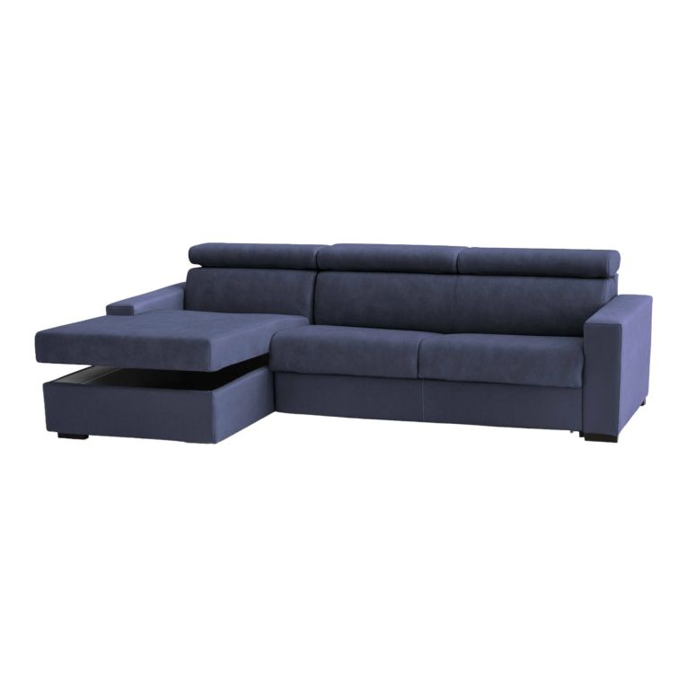 Divano fisso Eliana, Divano ad angolo, 100% Made in Italy, Sofà Soggiorno con chaise longue, in tessuto imbottito - Penisola contenitore Sinistra, con Braccioli slim, Cm 260x95h85, Blu