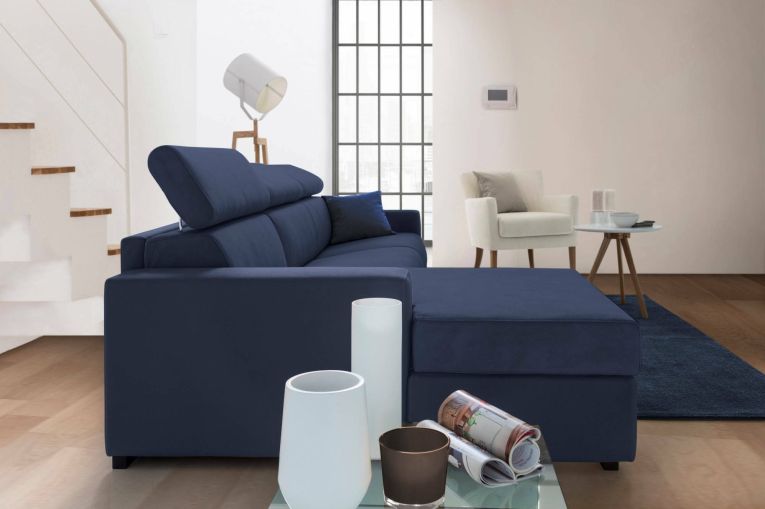 Divano fisso Eliana, Divano ad angolo, 100% Made in Italy, Sofà Soggiorno con chaise longue, in tessuto imbottito - Penisola contenitore Sinistra, con Braccioli slim, Cm 260x95h85, Blu
