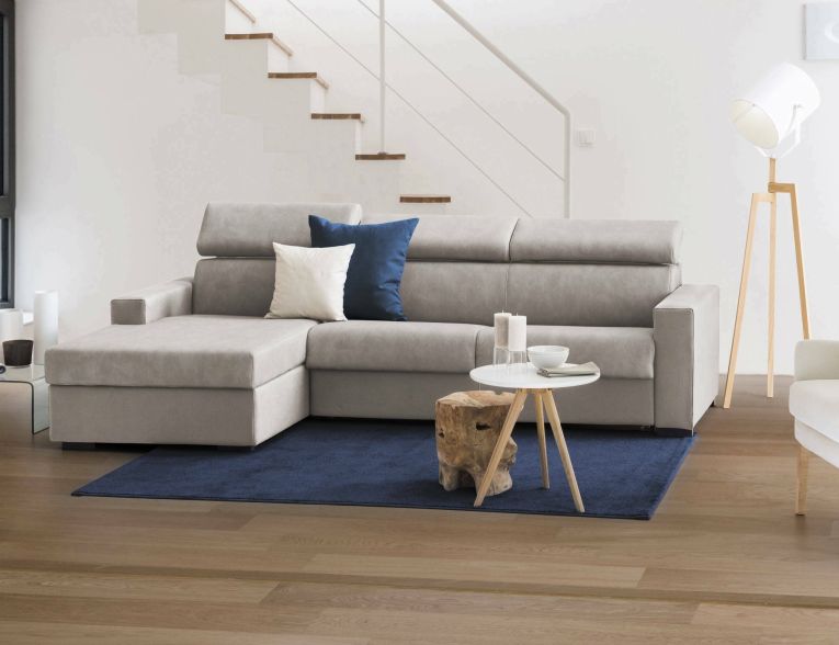 Divano fisso Eliana, Divano ad angolo, 100% Made in Italy, Sofà Soggiorno con chaise longue, in tessuto imbottito - Penisola contenitore Sinistra, con Braccioli slim, Cm 260x95h85, Tortora
