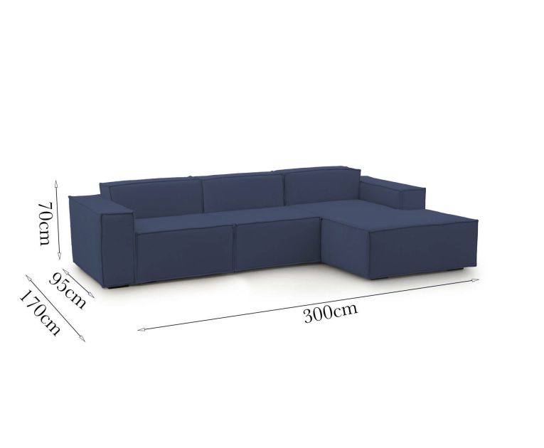 Divano fisso Giovanna, Divano componibile a 3 posti con penisola destra, 100% Made in Italy, Sofà moderno in tessuto, Cm 300x170h70, Blu