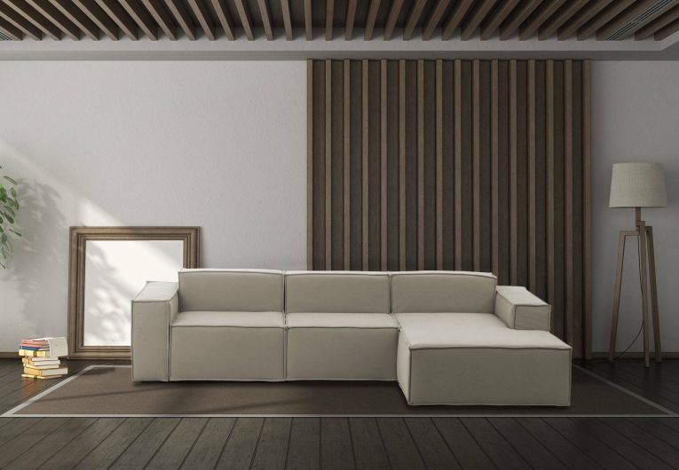 Divano fisso Giovanna, Divano componibile a 3 posti con penisola destra, 100% Made in Italy, Sofà moderno in tessuto, Cm 300x170h70, Tortora