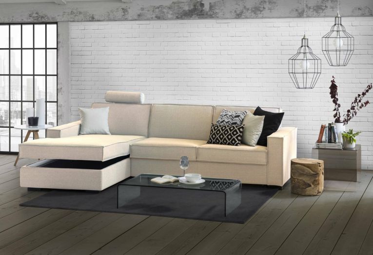 Divano fisso Grazia, Divano ad angolo, 100% Made in Italy, Sofà Soggiorno con, penisola contenitore Sinistra, con Braccioli standard, Cm 280x95h90, Beige