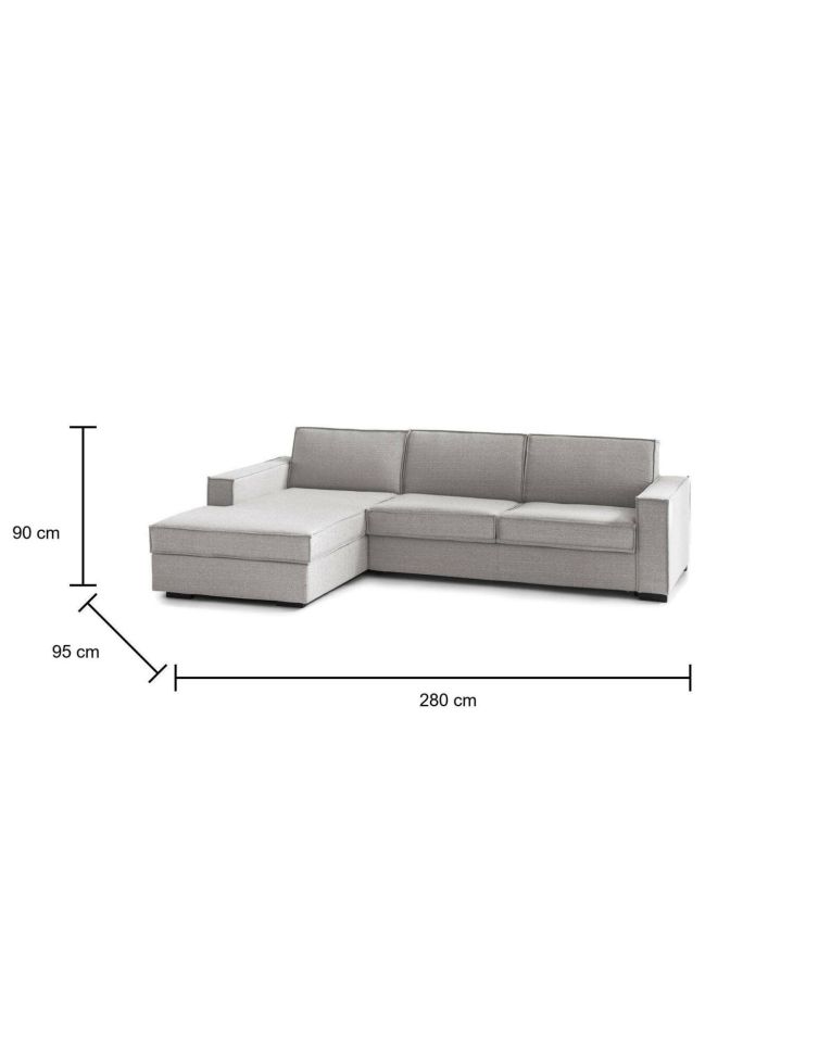 Divano fisso Grazia, Divano ad angolo, 100% Made in Italy, Sofà Soggiorno con, penisola contenitore Sinistra, con Braccioli standard, Cm 280x95h90, Grigio