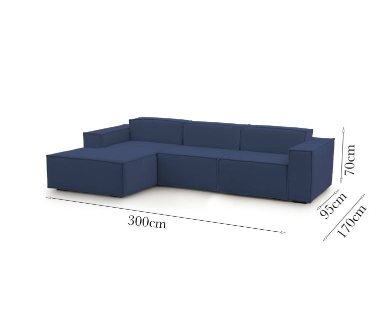 Divano fisso Jessica, Divano componibile a 3 posti con penisola sinistra, 100% Made in Italy, Sofà moderno in tessuto, Cm 300x170h70, Blu