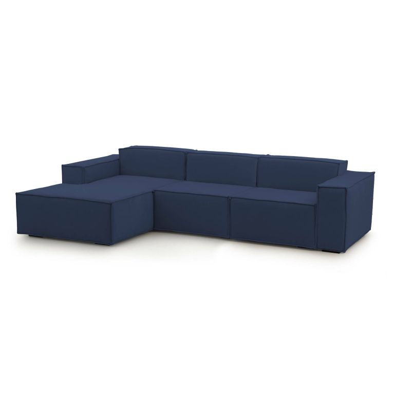 Divano fisso Jessica, Divano componibile a 3 posti con penisola sinistra, 100% Made in Italy, Sofà moderno in tessuto, Cm 300x170h70, Blu
