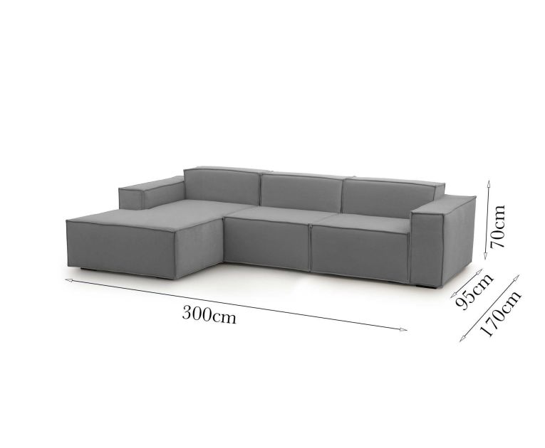 Divano fisso Jessica, Divano componibile a 3 posti con penisola sinistra, 100% Made in Italy, Sofà moderno in tessuto, Cm 300x170h70, Grigio