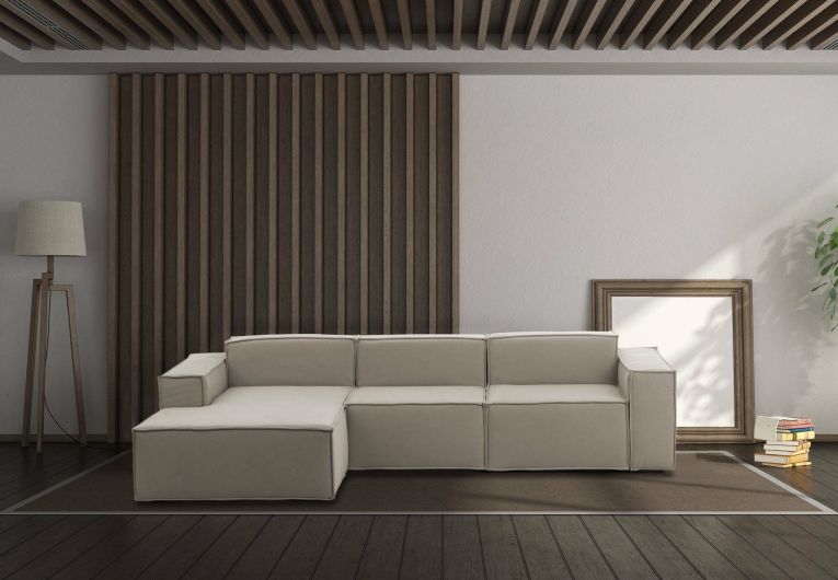 Divano fisso Jessica, Divano componibile a 3 posti con penisola sinistra, 100% Made in Italy, Sofà moderno in tessuto, Cm 300x170h70, Tortora