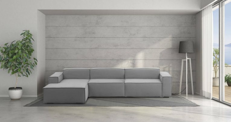 Divano fisso Licia, Divano componibile a 4 posti con penisola sinistra, 100% Made in Italy, Sofà moderno in tessuto, Cm 340x170h70, Grigio