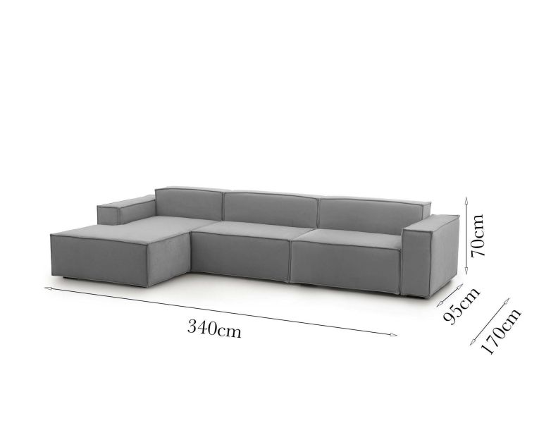 Divano fisso Licia, Divano componibile a 4 posti con penisola sinistra, 100% Made in Italy, Sofà moderno in tessuto, Cm 340x170h70, Grigio