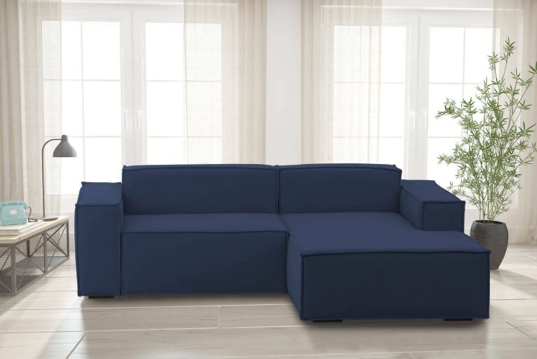Divano fisso Lidia, Divano componibile a 2 posti large con penisola destra, 100% Made in Italy, Sofà moderno in tessuto, Cm 240x170h70, Blu
