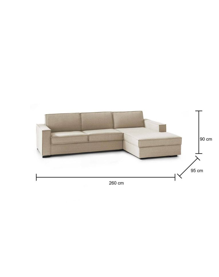 Divano fisso Maia, Divano ad angolo, 100% Made in Italy, Sofà Soggiorno con, penisola contenitore Destra, con Braccioli slim, Cm 260x95h90, Beige