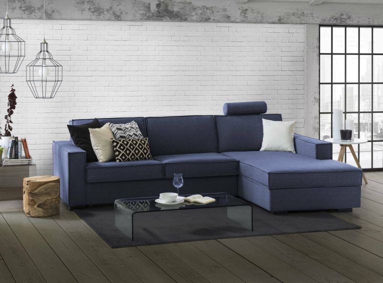 Divano fisso Maia, Divano ad angolo, 100% Made in Italy, Sofà Soggiorno con, penisola contenitore Destra, con Braccioli slim, Cm 260x95h90, Blu