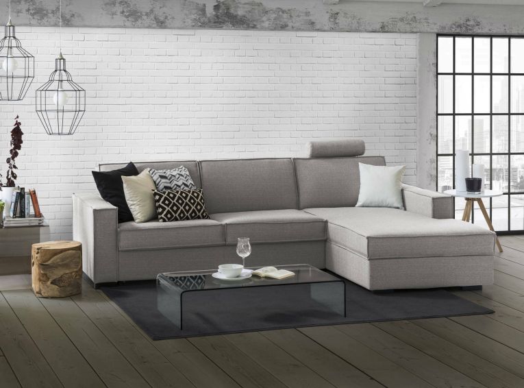 Divano fisso Maia, Divano ad angolo, 100% Made in Italy, Sofà Soggiorno con, penisola contenitore Destra, con Braccioli slim, Cm 260x95h90, Grigio