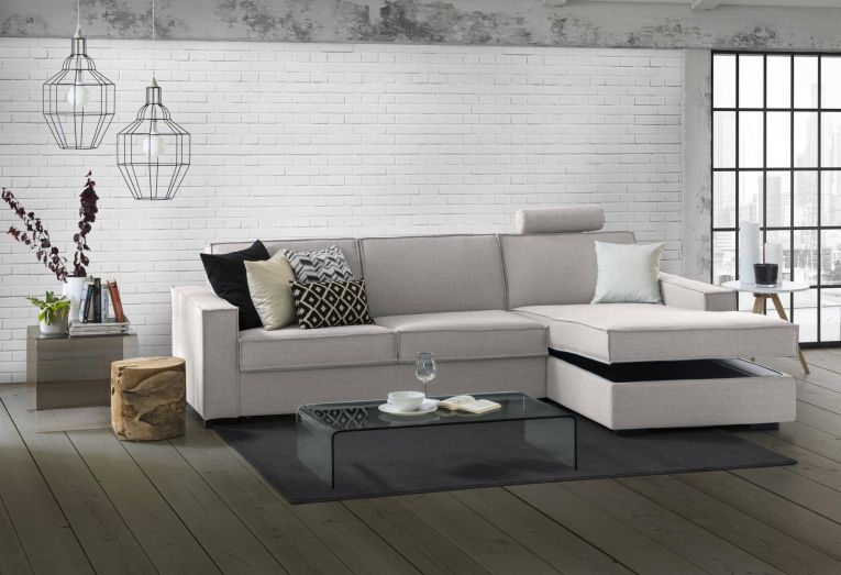 Divano fisso Maia, Divano ad angolo, 100% Made in Italy, Sofà Soggiorno con, penisola contenitore Destra, con Braccioli slim, Cm 260x95h90, Grigio