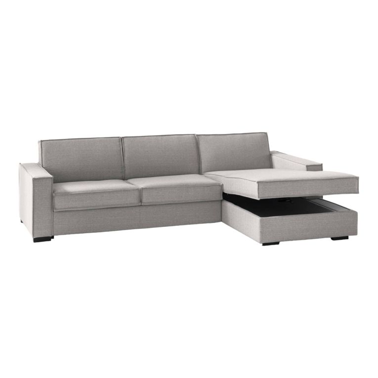 Divano fisso Maia, Divano ad angolo, 100% Made in Italy, Sofà Soggiorno con, penisola contenitore Destra, con Braccioli slim, Cm 260x95h90, Grigio