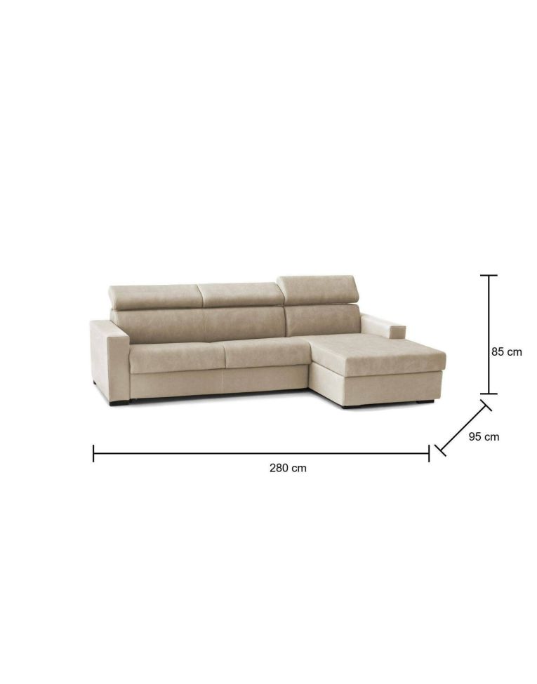 Divano fisso Marica, Divano ad angolo, 100% Made in Italy, Sofà Soggiorno con chaise longue, in tessuto imbottito - Penisola contenitore Destra, con Braccioli standard, Cm 280x95h85, Beige