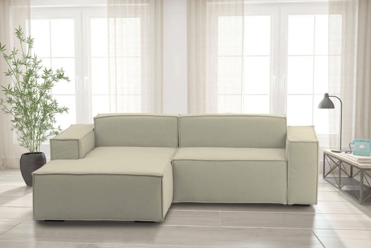 Divano fisso Nadia, Divano componibile a 2 posti con penisola sinistra, 100% Made in Italy, Sofà moderno in tessuto, Cm 220x170h70, Beige