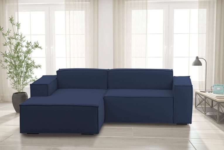 Divano fisso Nadia, Divano componibile a 2 posti con penisola sinistra, 100% Made in Italy, Sofà moderno in tessuto, Cm 220x170h70, Blu