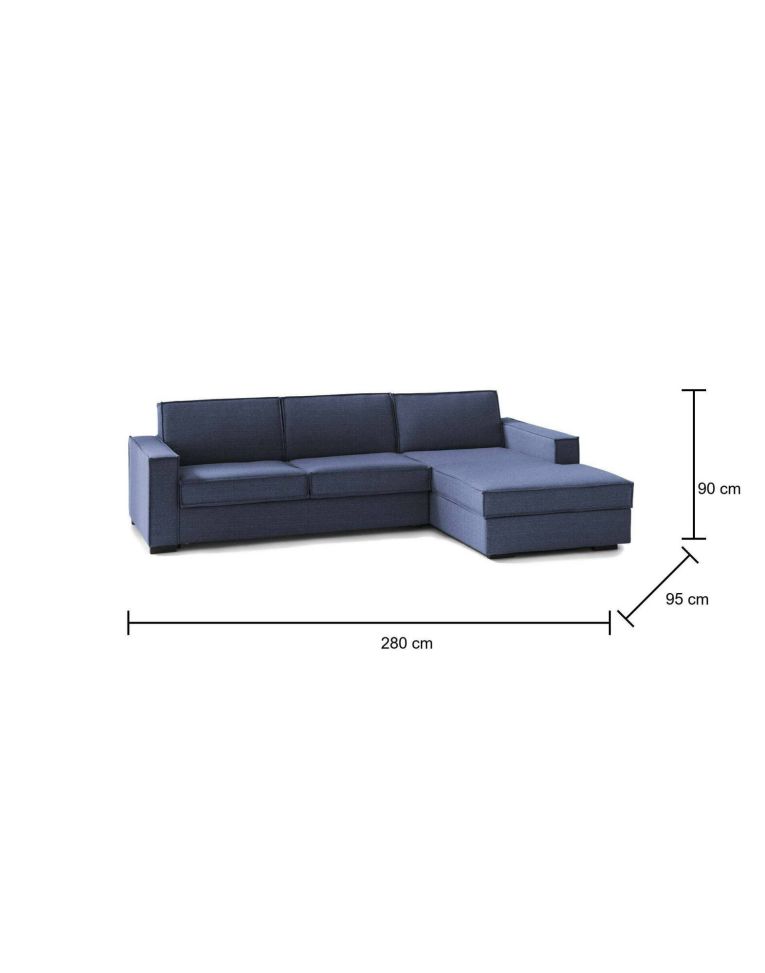 Divano fisso Nami, Divano ad angolo, 100% Made in Italy, Sofà Soggiorno con, penisola contenitore Destra, con Braccioli standard, Cm 280x95h90, Blu