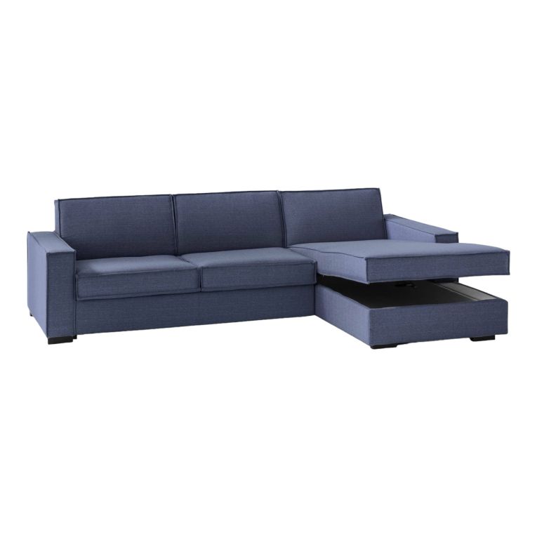 Divano fisso Nami, Divano ad angolo, 100% Made in Italy, Sofà Soggiorno con, penisola contenitore Destra, con Braccioli standard, Cm 280x95h90, Blu