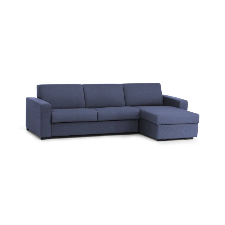Divano fisso Nicoletta, Divano ad angolo, 100% Made in Italy, Sofà Soggiorno, con Penisola contenitore reversibile, in tessuto imbottito, con Braccioli standard, Cm 280x95h90, Blu