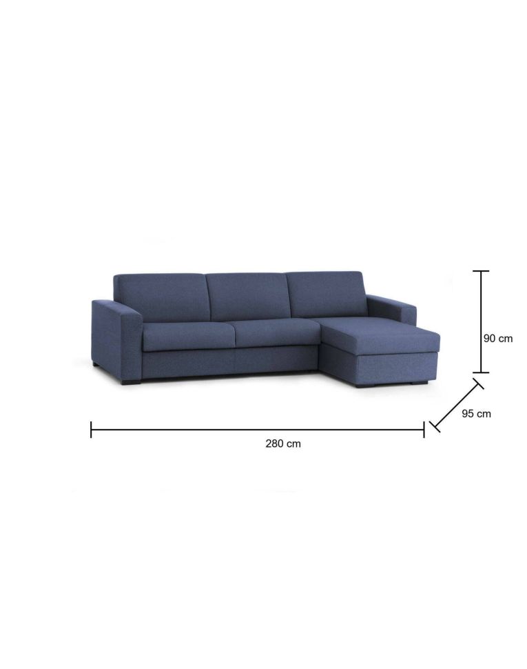 Divano fisso Nicoletta, Divano ad angolo, 100% Made in Italy, Sofà Soggiorno, con Penisola contenitore reversibile, in tessuto imbottito, con Braccioli standard, Cm 280x95h90, Blu
