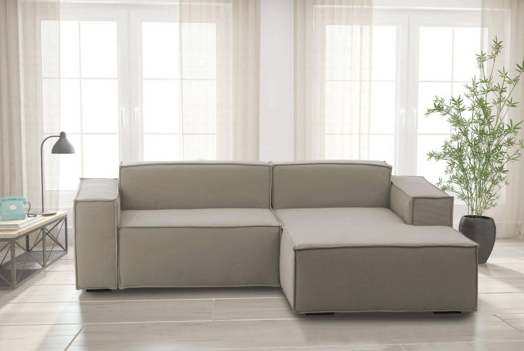 Divano fisso Patrizia, Divano componibile a 2 posti con penisola destra, 100% Made in Italy, Sofà moderno in tessuto, Cm 220x170h70, Tortora