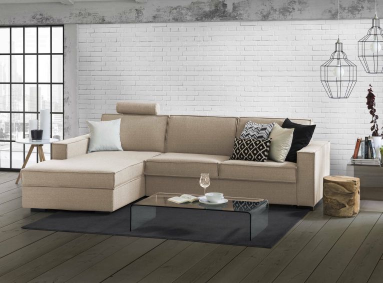 Divano fisso Perla, Divano ad angolo, 100% Made in Italy, Sofà Soggiorno con, penisola contenitore Sinistra, con Braccioli slim, Cm 260x95h90, Beige