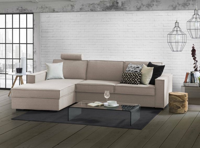 Divano fisso Perla, Divano ad angolo, 100% Made in Italy, Sofa Soggiorno con, penisola contenitore Sinistra, con Braccioli slim, Cm 260x95h90, Tortora