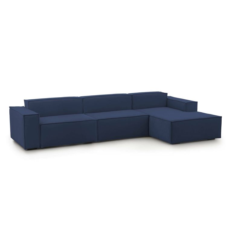 Divano fisso Raffaella, Divano componibile a 4 posti con penisola destra, 100% Made in Italy, Sofà moderno in tessuto, Cm 340x170h70, Blu
