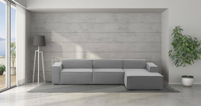 Divano fisso Raffaella, Divano componibile a 4 posti con penisola destra, 100% Made in Italy, Sofà moderno in tessuto, Cm 340x170h70, Grigio