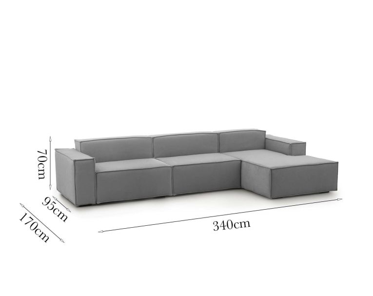 Divano fisso Raffaella, Divano componibile a 4 posti con penisola destra, 100% Made in Italy, Sofà moderno in tessuto, Cm 340x170h70, Grigio