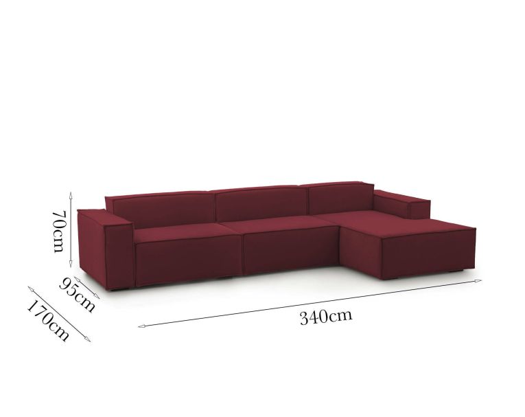 Divano fisso Raffaella, Divano componibile a 4 posti con penisola destra, 100% Made in Italy, Sofà moderno in tessuto, Cm 340x170h70, Rosso