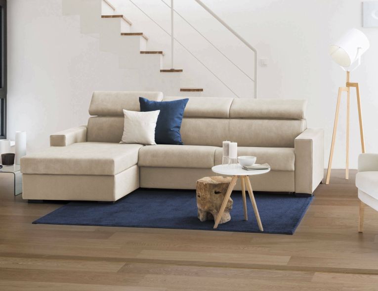 Divano fisso Viviana, Divano ad angolo, 100% Made in Italy, Sofà Soggiorno con chaise longue, in tessuto imbottito - Penisola contenitore Sinistra, con Braccioli standard, Cm 280x95h85, Beige